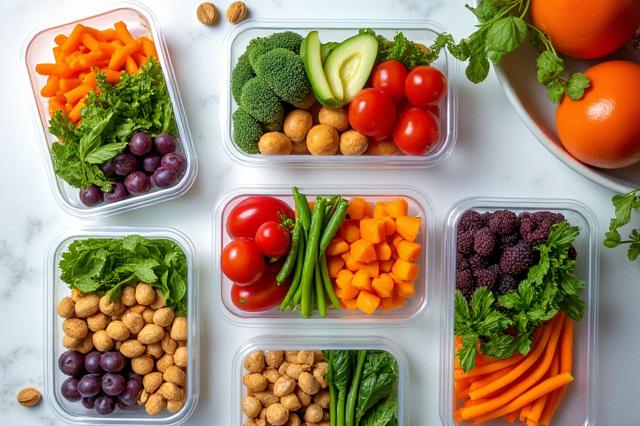 Vibrant, healthy meal prep containers laid out on a clean kitchen counter, symbolizing a balanced diet.