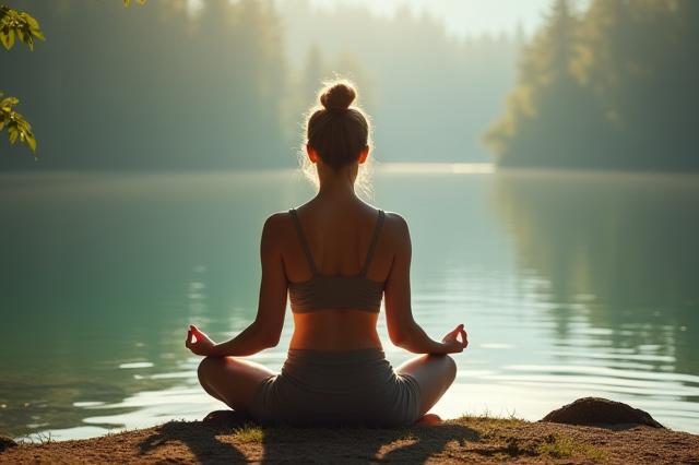 A person meditating peacefully by a calm lake with soft sunlight, symbolizing mindfulness.