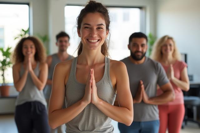 Diverse group of smiling colleagues participating in a light yoga or stretching session in an open office space.