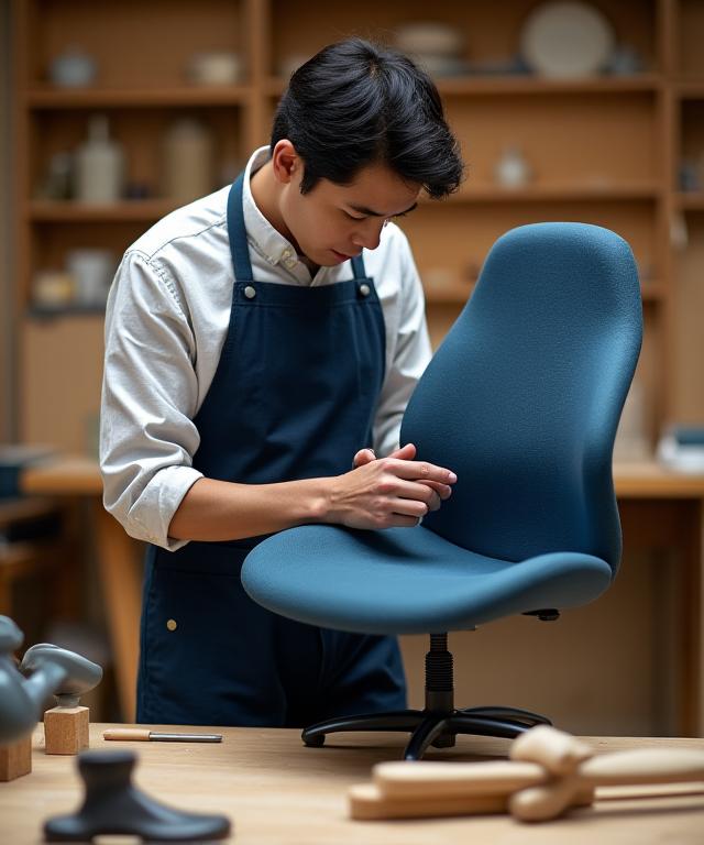 工房で椅子の最終調整を行う職人