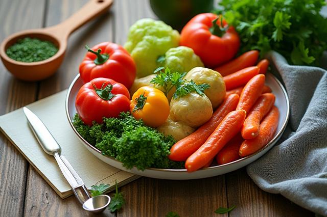 A neatly arranged plate of vibrant, healthy food ingredients on a wooden table, symbolizing balanced nutritional guidance.