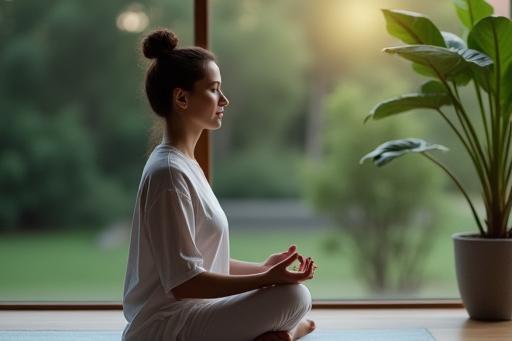 A person meditating in a calm and natural setting, finding peace.